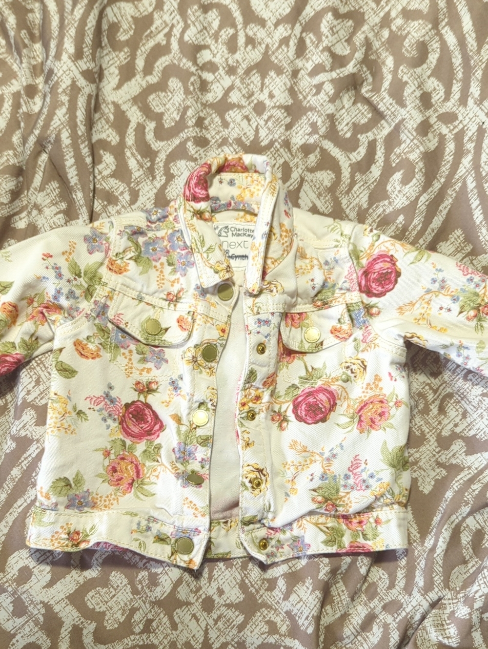 next Cream Floral Denim Jacket with Pink Roses